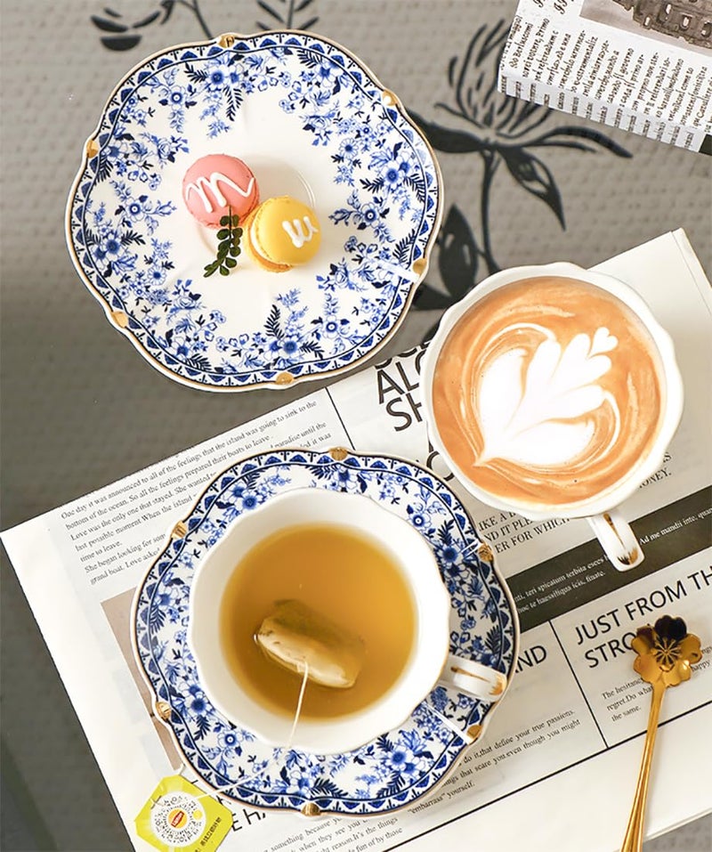 Noviko Ceramic Tea Cups and Saucers Set Vintage Floral Teacup for Women (1, Blue) - Image 4