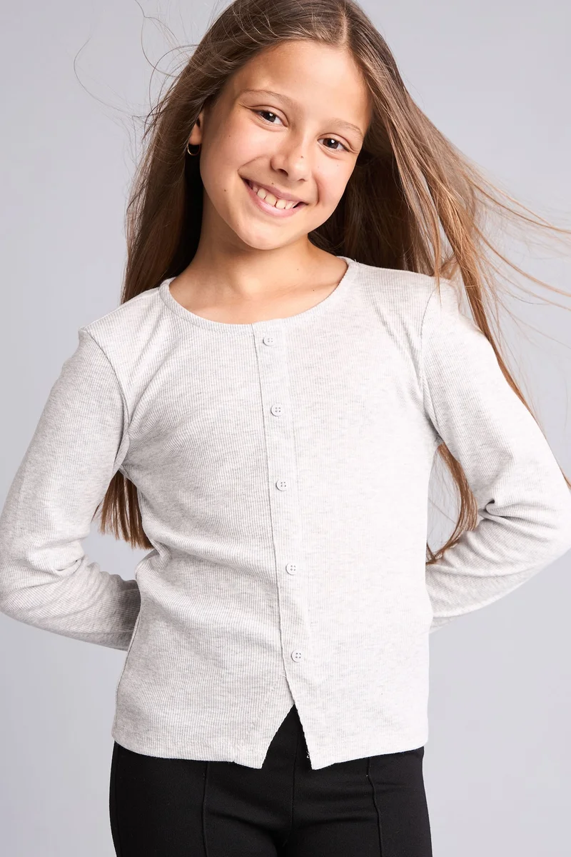 ديفاكتو Girl Cotton Fitted Button-Down Ribbed T-Shirt