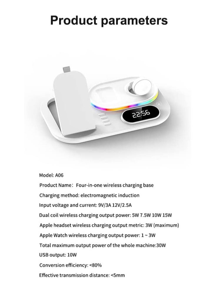 MOCOM 4 in 1 Wireless Charger With RGB LED Light And Clock For Apple iPhone 14/13/12 Series iWatch /Apple AirPods/Pro Samsung, Wireless 30W Fast Charging Station Dock Charger White  - Image 5