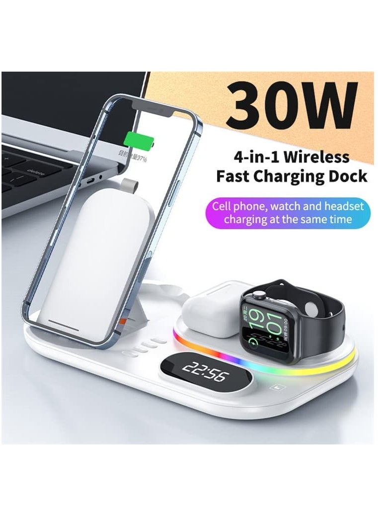 MOCOM 4 in 1 Wireless Charger With RGB LED Light And Clock For Apple iPhone 14/13/12 Series iWatch /Apple AirPods/Pro Samsung, Wireless 30W Fast Charging Station Dock Charger White  - Image 3
