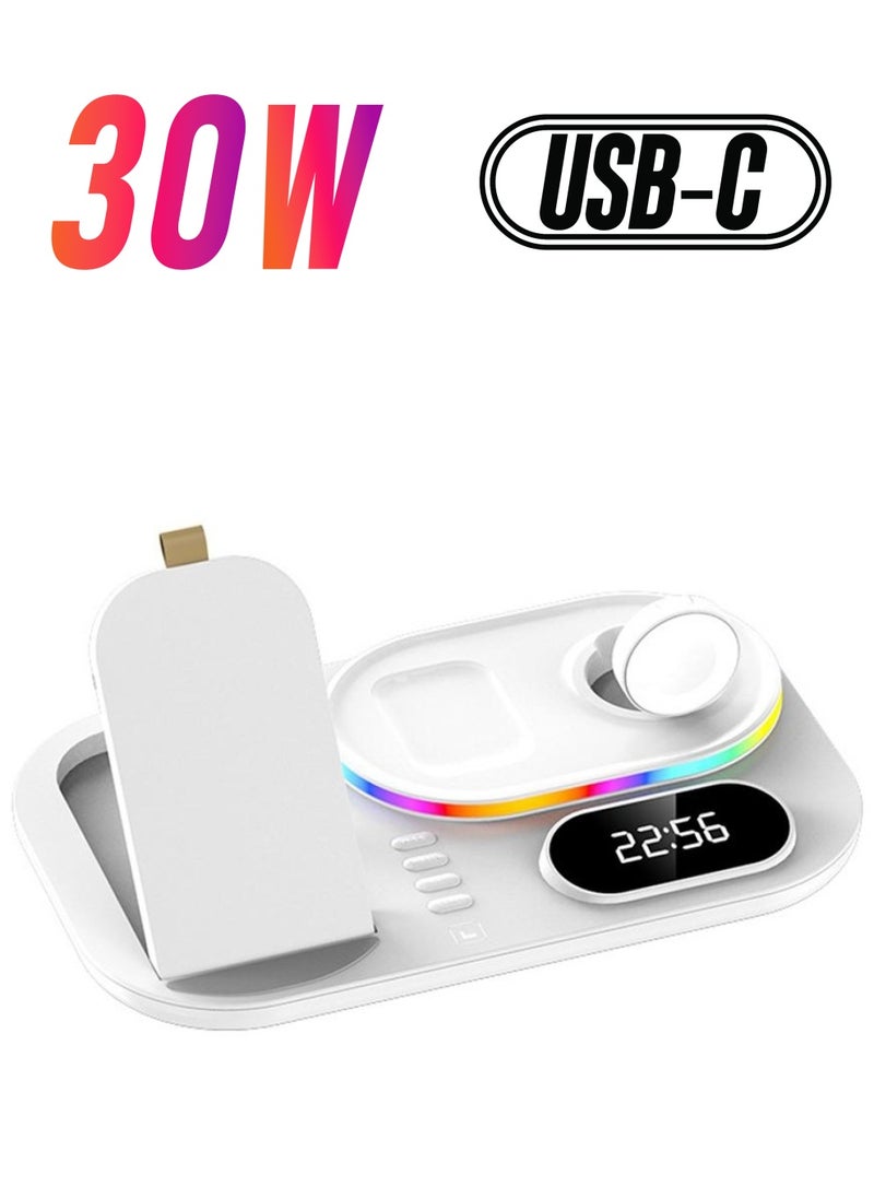 MOCOM 4 in 1 Wireless Charger With RGB LED Light And Clock For Apple iPhone 14/13/12 Series iWatch /Apple AirPods/Pro Samsung, Wireless 30W Fast Charging Station Dock Charger White  - Image 1