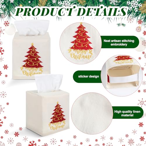 Domensi 2 Pcs Christmas Linen Tissue Box Cover 55 x 475 x 475 Inches Christmas Tree and Elk Tissue Box Holder Holiday Square Home Decor Xmas Embroidered Gifts for Bathroom Bedroom Living Room - Image 3