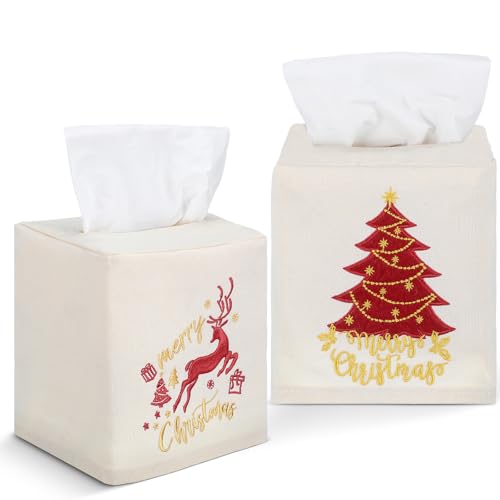 Domensi 2 Pcs Christmas Linen Tissue Box Cover 55 x 475 x 475 Inches Christmas Tree and Elk Tissue Box Holder Holiday Square Home Decor Xmas Embroidered Gifts for Bathroom Bedroom Living Room - Image 1