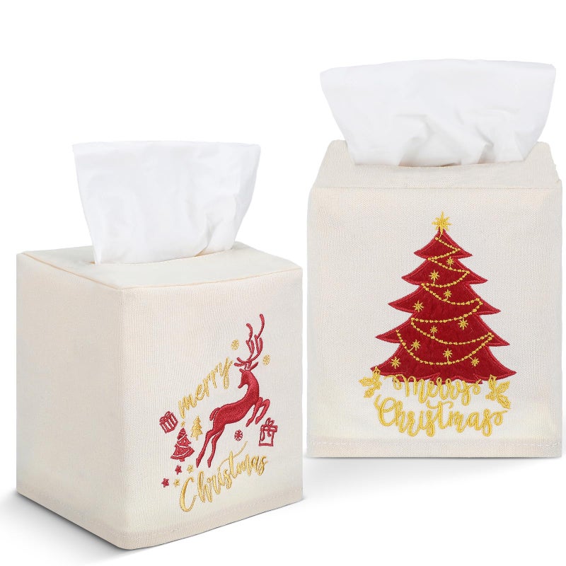 Domensi 2 Pcs Christmas Linen Tissue Box Cover 55 x 475 x 475 Inches Christmas Tree and Elk Tissue Box Holder Holiday Square Home Decor Xmas Embroidered Gifts for Bathroom Bedroom Living Room - Image 2