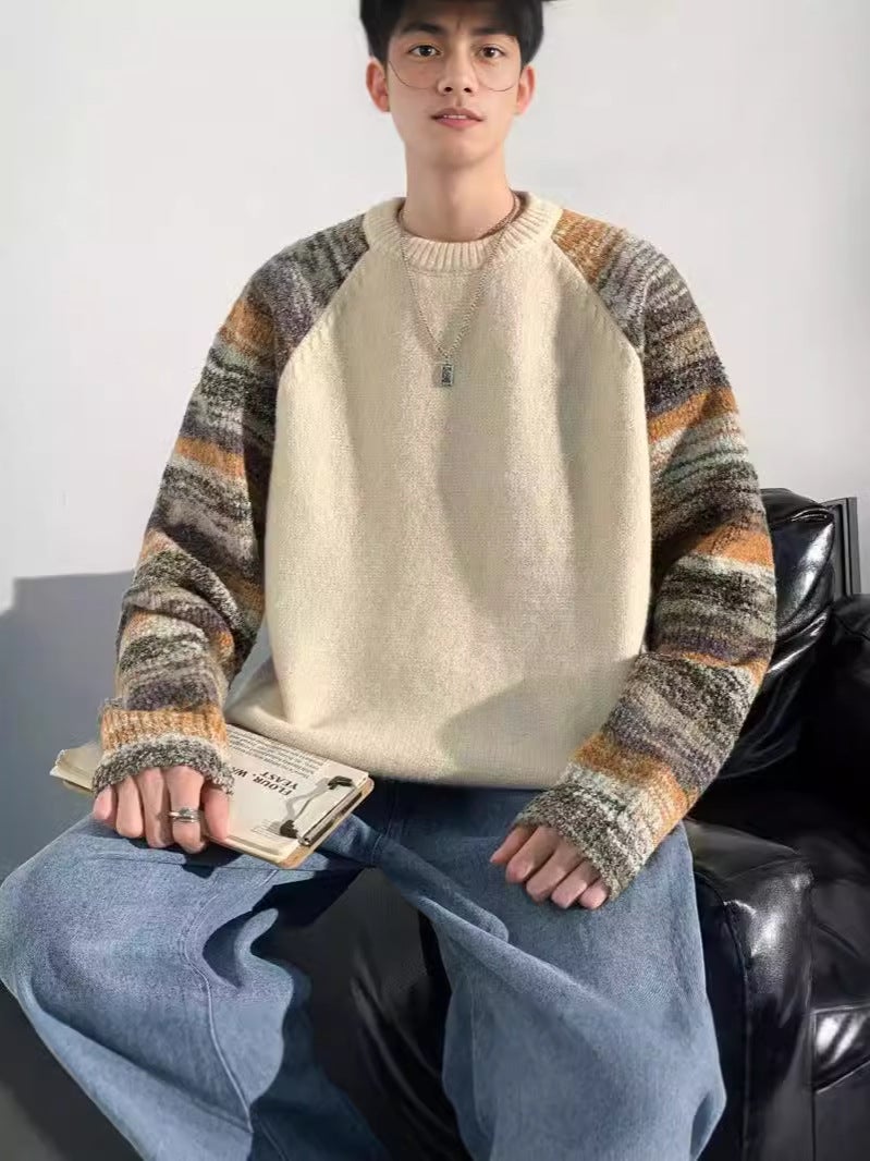 Trendy Brand Stitching Contrast Raglan Sleeve Sweater Men'S And Women'S Lazy Round Neck Loose Knitted Top Couple'S Jacket - Image 5
