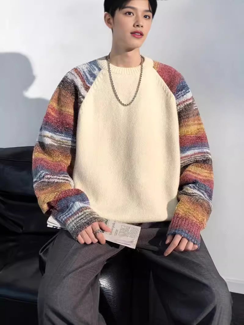 Trendy Brand Stitching Contrast Raglan Sleeve Sweater Men'S And Women'S Lazy Round Neck Loose Knitted Top Couple'S Jacket - Image 4