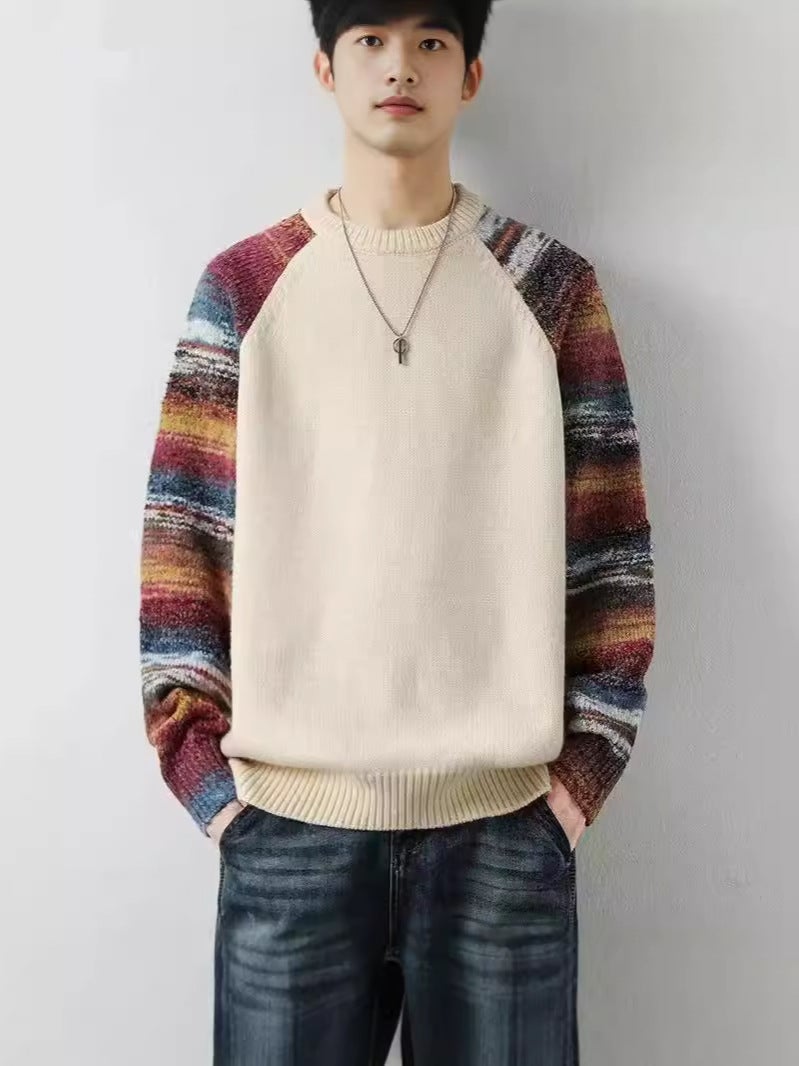 Trendy Brand Stitching Contrast Raglan Sleeve Sweater Men'S And Women'S Lazy Round Neck Loose Knitted Top Couple'S Jacket - Image 2