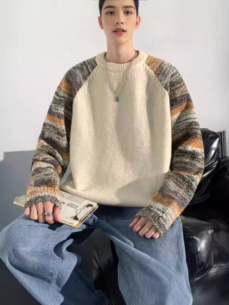 Trendy Brand Stitching Contrast Raglan Sleeve Sweater Men'S And Women'S Lazy Round Neck Loose Knitted Top Couple'S Jacket - Image 3