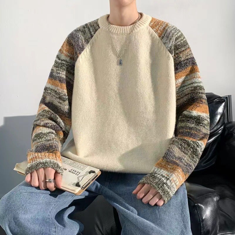 Trendy Brand Stitching Contrast Raglan Sleeve Sweater Men'S And Women'S Lazy Round Neck Loose Knitted Top Couple'S Jacket - Image 1