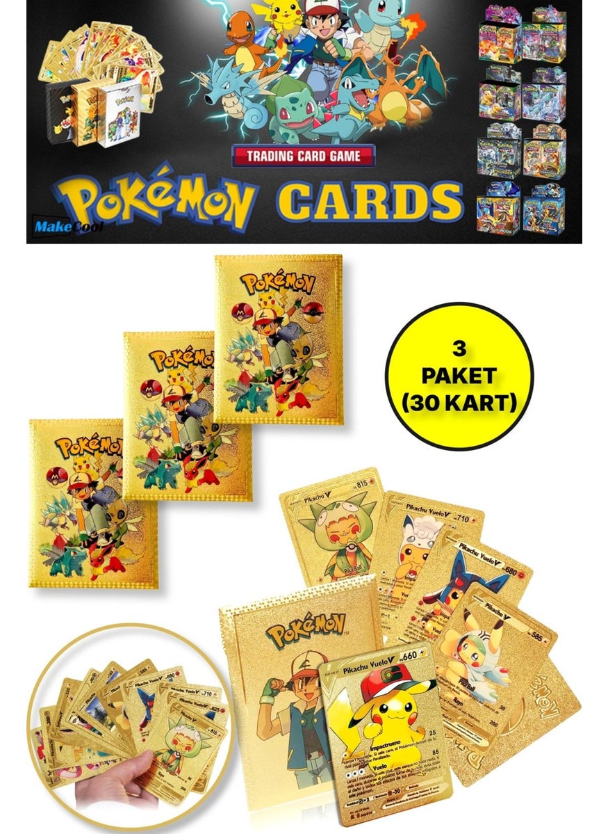 Toyfest - Pokemon Game Card Tcg Gold Booster Pack - 3 Packs (30 Cards) - Image 1