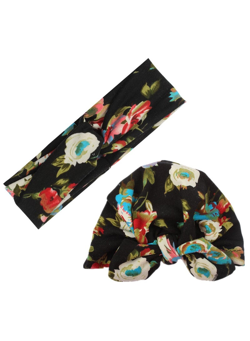 1 Set Flower Printed Parent-Child Headwear, Mom Headband and Child Beanie Infant Caps, Black  - Image 1