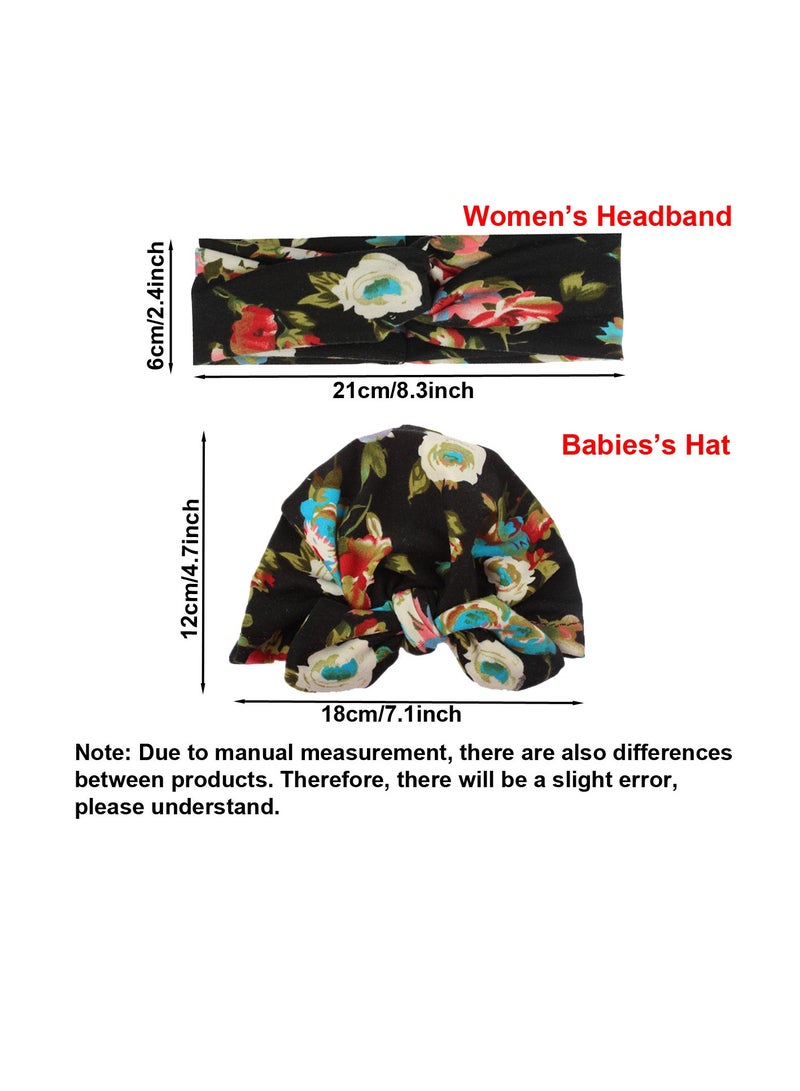 1 Set Flower Printed Parent-Child Headwear, Mom Headband and Child Beanie Infant Caps, Black  - Image 2