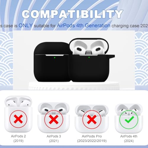 Emoh Roced for Apple Airpods 4th Generation Case Cover(2024), Silicone Case with Cleaner Kit & Keychain Compatible Compatible with Airpods 4 (Black) - Image 2