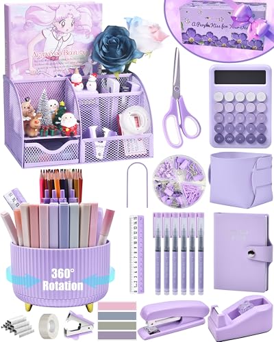 LXEVIHK 21Pcs Purple Desk Organizers and Accessories With Mesh Desk Organizer and 360Rotating Pen Holder and a Lot of Office Purple Office Supplies Beautifully Presented in a Gift Box - Image 1