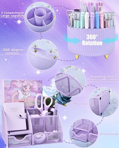 LXEVIHK 21Pcs Purple Desk Organizers and Accessories With Mesh Desk Organizer and 360Rotating Pen Holder and a Lot of Office Purple Office Supplies Beautifully Presented in a Gift Box - Image 3