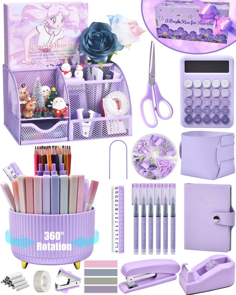 LXEVIHK 21Pcs Purple Desk Organizers and Accessories With Mesh Desk Organizer and 360Rotating Pen Holder and a Lot of Office Purple Office Supplies Beautifully Presented in a Gift Box - Image 2