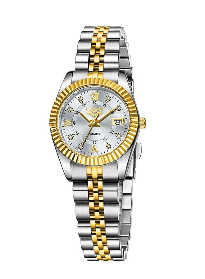 LIGE ​​LIGE Women's Fashion Quartz Watch - Gold-Tone Case with Silver Strap, Luminous Display, Date Function, 30M Water Resistance, Elegant Casual Style for Daily Wear & Special Occasions​​ - Image 1