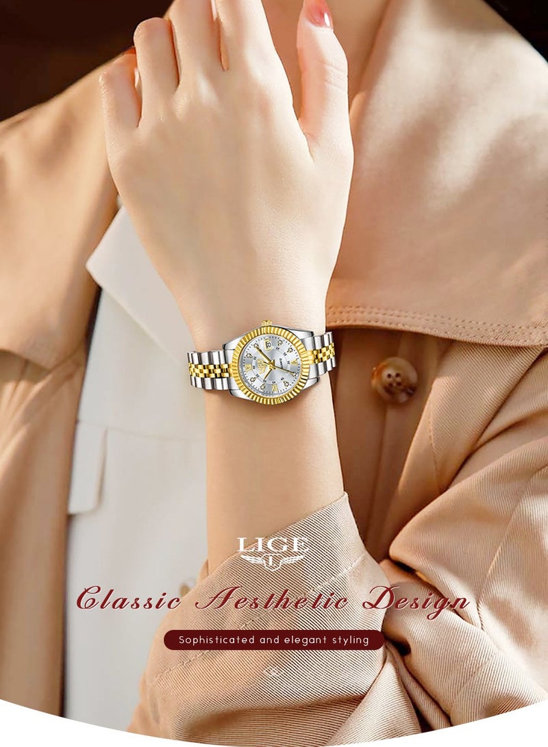 LIGE ​​LIGE Women's Fashion Quartz Watch - Gold-Tone Case with Silver Strap, Luminous Display, Date Function, 30M Water Resistance, Elegant Casual Style for Daily Wear & Special Occasions​​ - Image 2