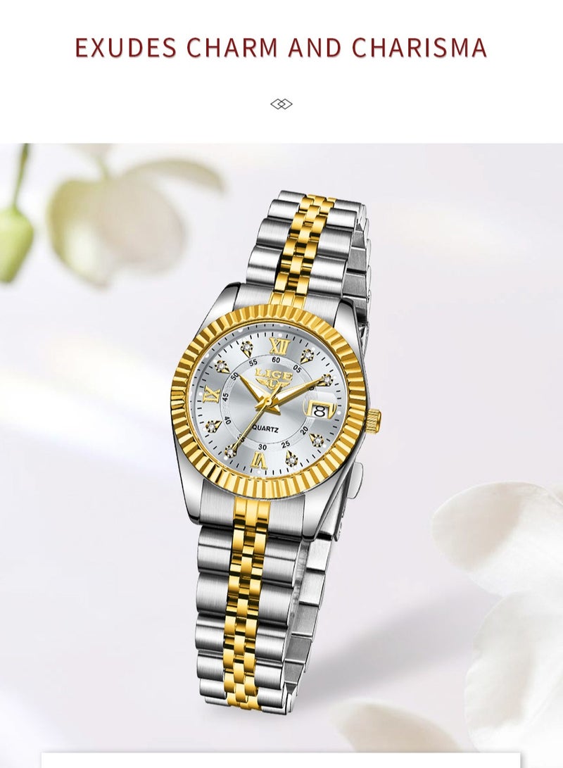 LIGE ​​LIGE Women's Fashion Quartz Watch - Gold-Tone Case with Silver Strap, Luminous Display, Date Function, 30M Water Resistance, Elegant Casual Style for Daily Wear & Special Occasions​​ - Image 3