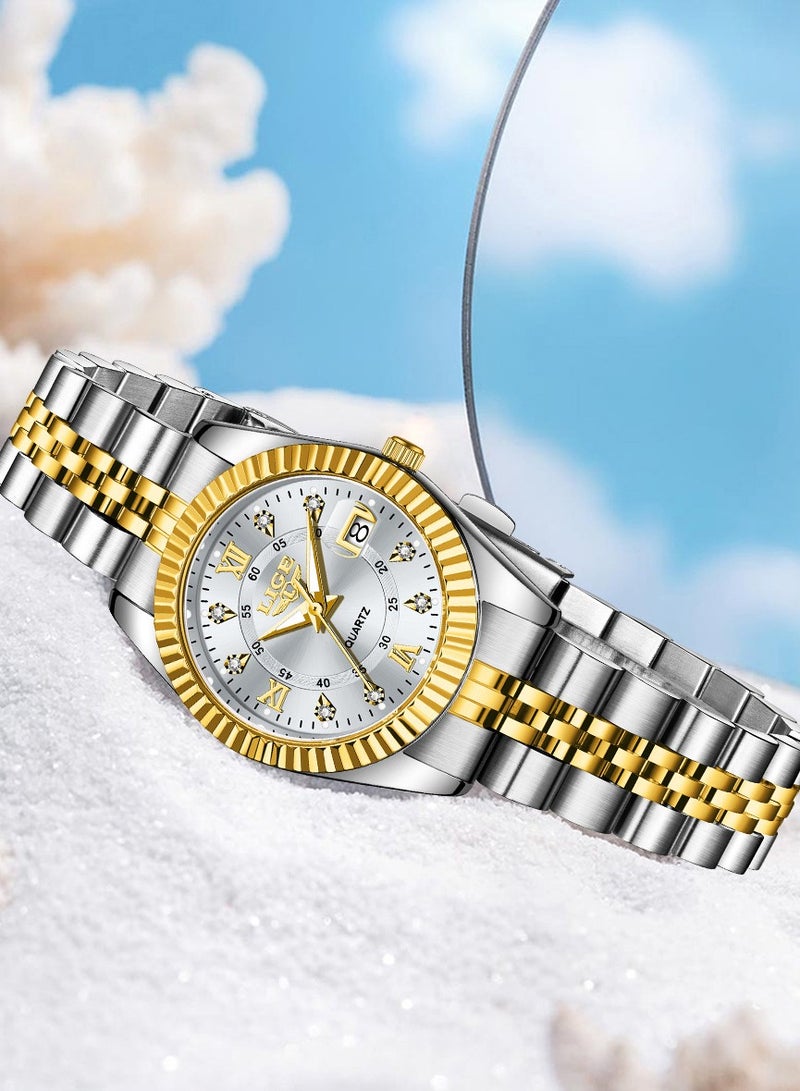 LIGE ​​LIGE Women's Fashion Quartz Watch - Gold-Tone Case with Silver Strap, Luminous Display, Date Function, 30M Water Resistance, Elegant Casual Style for Daily Wear & Special Occasions​​ - Image 4