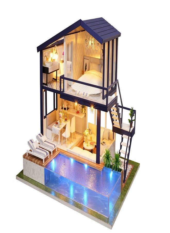 CUTEROOM Miniature House Kit, DIY Dollhouse Kit for Adults to Build, Mini House Making Kit with Furnitures, Time Apartment Dollhouse Kit with Swimming Pool Gifts for Women Girls - Image 1