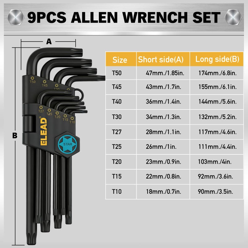 ELEAD 11-Piece Torx Star Allen Wrench Set with Extension Bar, T10-T50 Long Arm Torx Key Set, Heat-Treated S2 Steel - Image 2