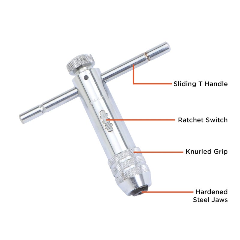 Groz Tap Wrench with T Type Ratchet Handle Ideal for Holding taps Screw extractors Other Small Hand Turned Tools Hardened Steel Jaws Tap Size M6M12 TWR516 - Image 2