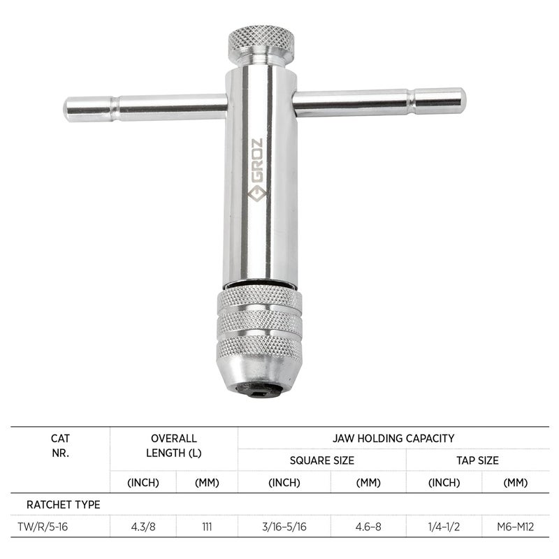 Groz Tap Wrench with T Type Ratchet Handle Ideal for Holding taps Screw extractors Other Small Hand Turned Tools Hardened Steel Jaws Tap Size M6M12 TWR516 - Image 3