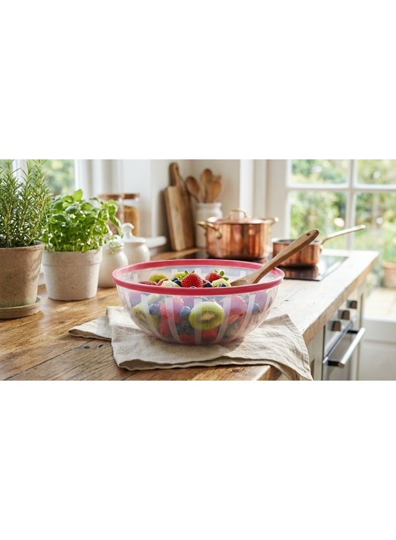 Large Clear Plastic Salad & Serving Bowl with Pink Rim - Striped Design Mixing Bowl for Fruits, Snacks, and Popcorn - Modern Tableware - Image 2
