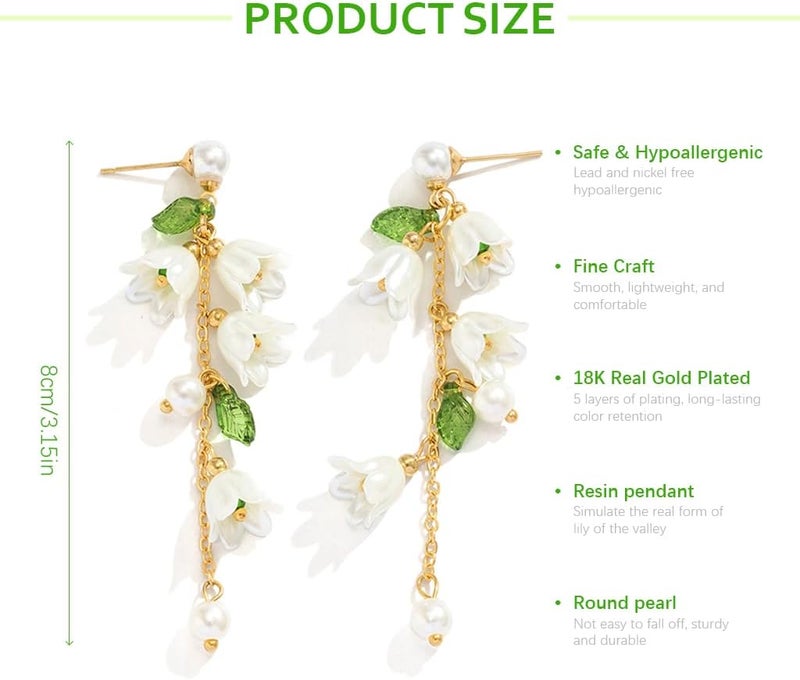 HANNEA® Earrings for Women Girls White Lily of the Valley Pendent Dangle Earring Tassel Floral Elegance Drop Earrings Fashion Stylish Women Jewelry Gift - Image 1