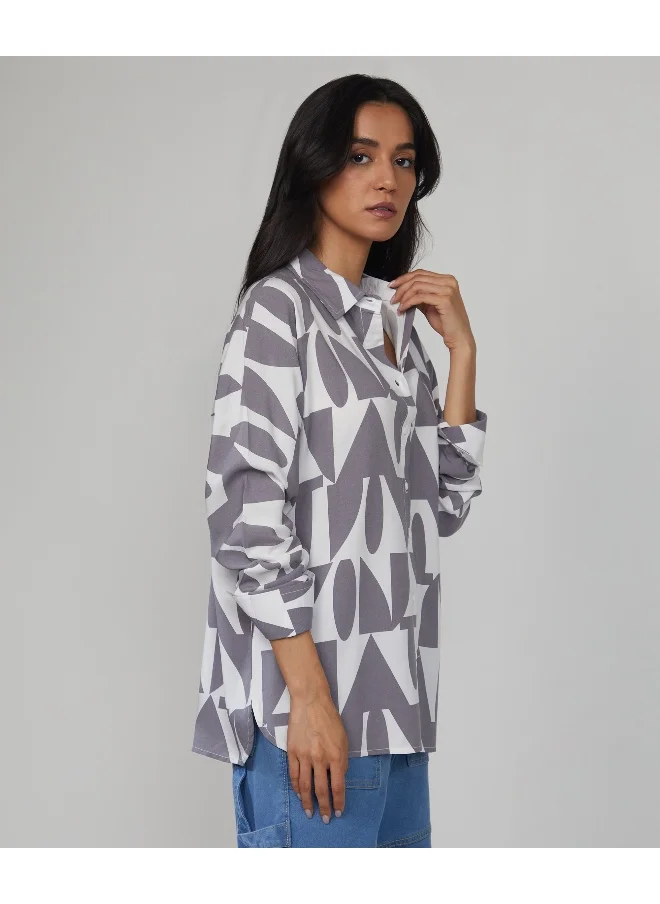 QISSA Women's Steel Grey Geometric Shirt