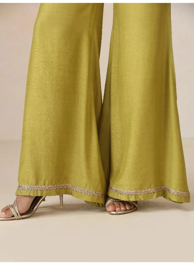 trueBrowns trueBrowns Light Green Pink Jaal Print Viscose Jacket and Flared Pants Co-ord Set