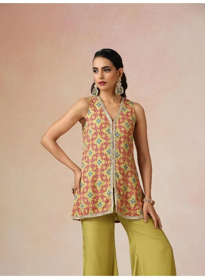 trueBrowns trueBrowns Light Green Pink Jaal Print Viscose Jacket and Flared Pants Co-ord Set