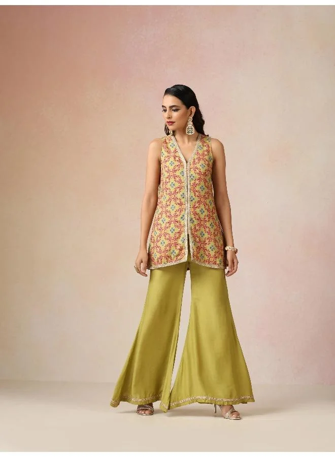 trueBrowns trueBrowns Light Green Pink Jaal Print Viscose Jacket and Flared Pants Co-ord Set