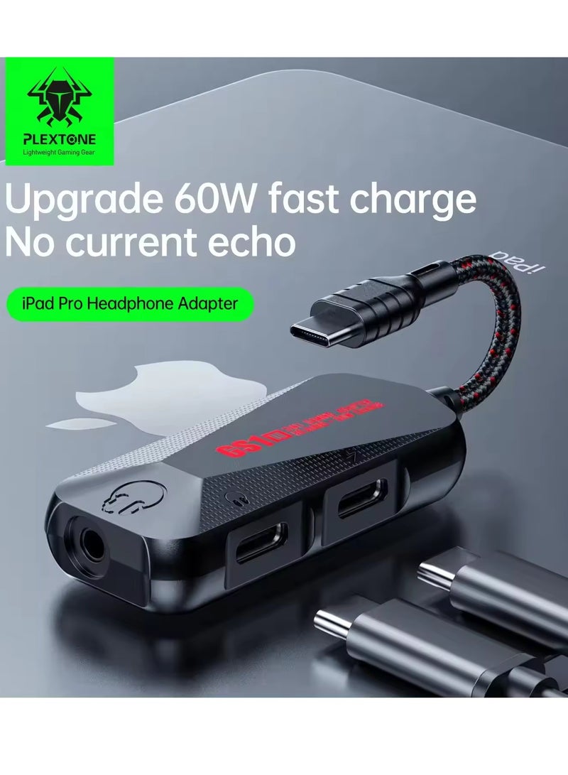 Plextone GS1 Type-C Adapter 2 Type-C Inputs and 3.5 Input with 60W Power and 24-bit Audio Technology - Image 2