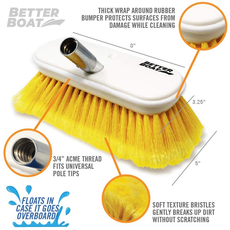 Better Boat Soft Boat Deck Brush, Heavy-Duty Marine Brush Head, 8" Bristle with Bumper, 3/4" Thread Handle, for RV, Truck, and Auto Cleaning - Image 2