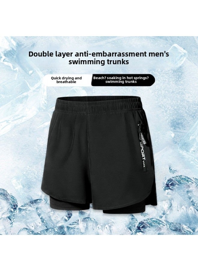 إسكدنيا Swimming Trunks Men's Suit Swimming Double-layer Quick-drying Anti-embarrassment Loose Hot Spring Beach Pants Surfer Clothing Equipment-Color:104 Blue +104 Black (double Anti Embarrassment)- - Image 2