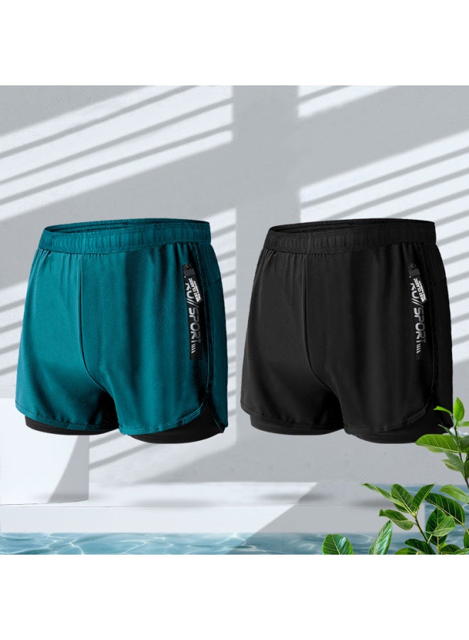 إسكدنيا Swimming Trunks Men's Suit Swimming Double-layer Quick-drying Anti-embarrassment Loose Hot Spring Beach Pants Surfer Clothing Equipment-Color:104 Blue +104 Black (double Anti Embarrassment)- - Image 1