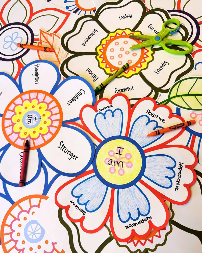 Roylco Affirmation Flowers â€“ Back to School SEL Craft Kit for Kids, 32 Positive Message Flower Crafts for Classrooms, Counseling, and Home, Supports Social Emotional Learning Activities - Image 1