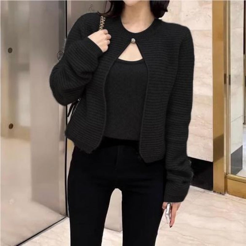 2024 Early Autumn New Two-piece Knitted Sweater Korean-style Inner Camisole Long-sleeved Knitted Blouse Two-piece Set Black ah0521 - Image 1