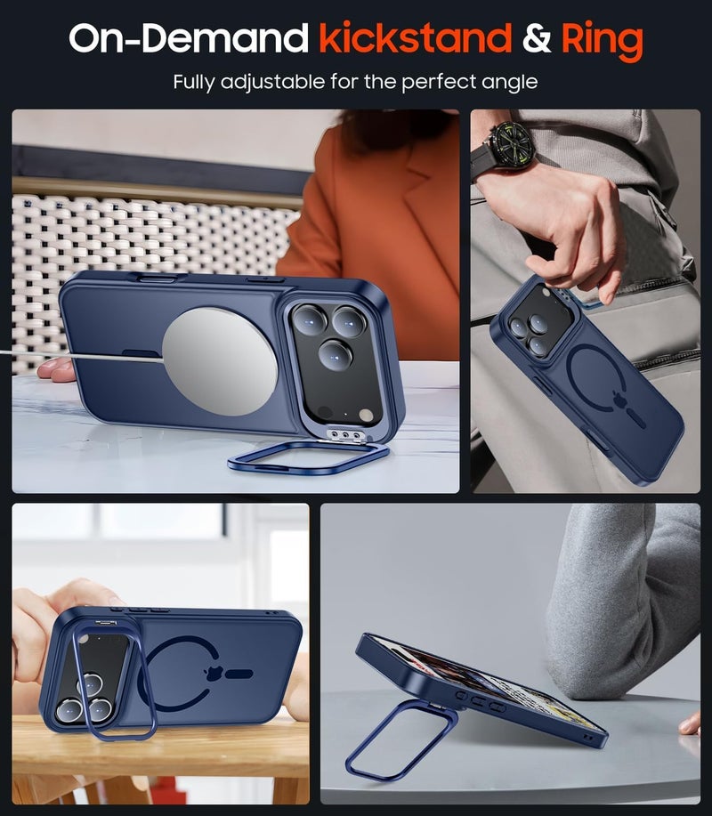 Elzzi Translucent Matte Kickstand Case for iPhone 17 Pro, Built-in Adjustable Camera Stand, Translucent Matte Magnetic Mag-Safe Shockproof Phone Cover (Blue) - Image 4