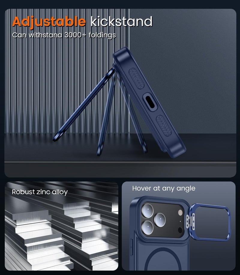 Elzzi Translucent Matte Kickstand Case for iPhone 17 Pro, Built-in Adjustable Camera Stand, Translucent Matte Magnetic Mag-Safe Shockproof Phone Cover (Blue) - Image 5