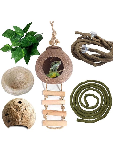 kathson Lizard Coco Den with Ladder, Reptile Hideouts Gecko Coconut Husk Hut with Artificial Bendable Jungle Climbing Vines for Chameleon, Lizards, Gecko, Snakes