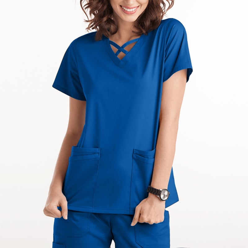 Amazon operating room short-sleeved hand-washing clothes womens top short T work clothes nurse surgeon isolation clothes work clothes C Blue  - Image 1
