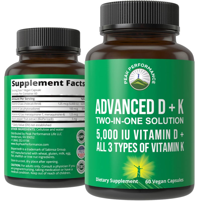 Peak Performance Advanced Vitamin D 5000 IU with All 3 Types of Vitamin K Vitamin D3 and Vitamin K2 K1 MK7 MK7 MK4 Supplement 60 Small and Easy to Swallow Vegetable Pills 5000 IU