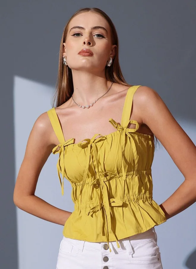 STREET 9 Yellow Sleeveless Cinched Waist Crop Top for Women