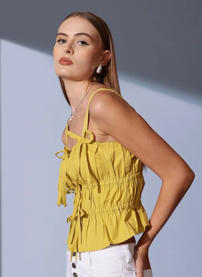 STREET 9 Yellow Sleeveless Cinched Waist Crop Top for Women