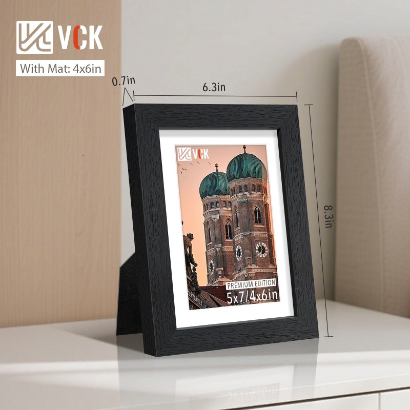 VCK 5x7 Picture Frame Set of 2 - Black, Textured Exclusive Wooden Photo Frames with HD Glass | Matted to 4x6 or 5x7 without Mat | Table Display or Wall Hanging - Image 2