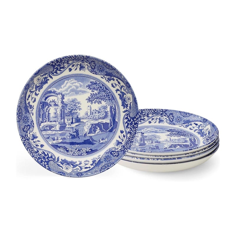 Spode Blue Italian Pasta Bowl Set of 49 Inch Shallow Earthenware Serving Bowls with Oriental Border Design Asian Style Tableware for Salad Pasta Noodles Shared Side Dishes