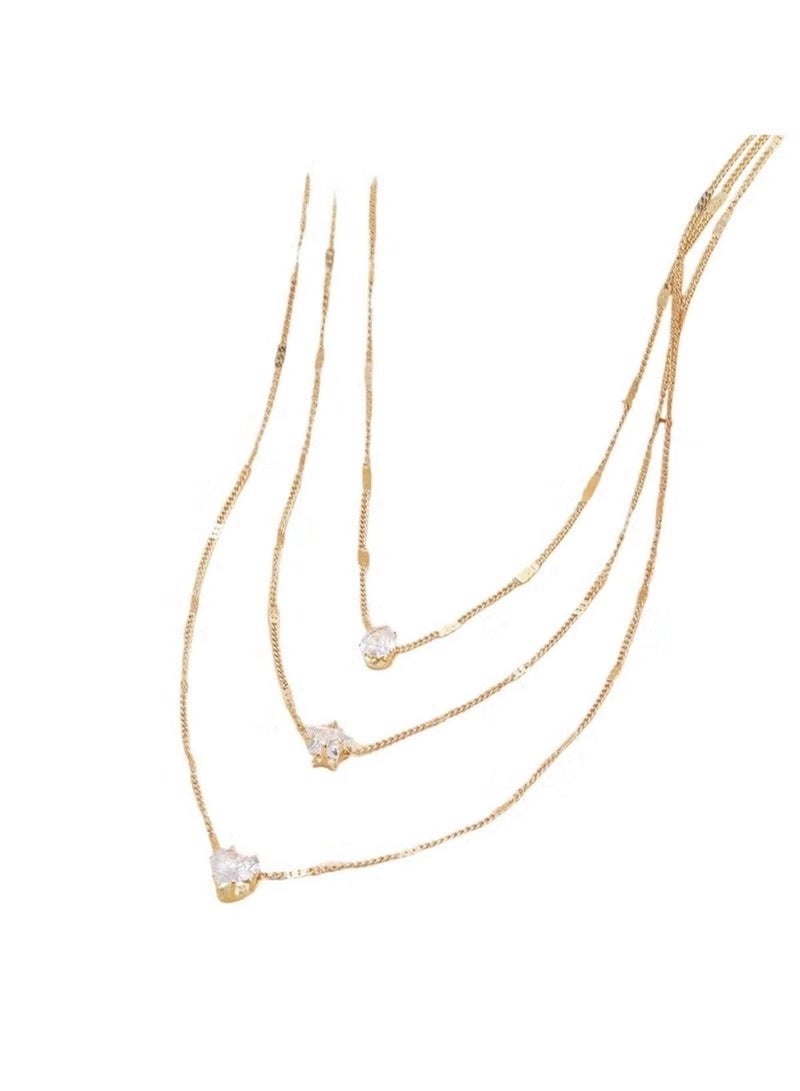 Huitich Gold 3-Layer Charm Necklace – Drop, Star & Heart Design - Image 1